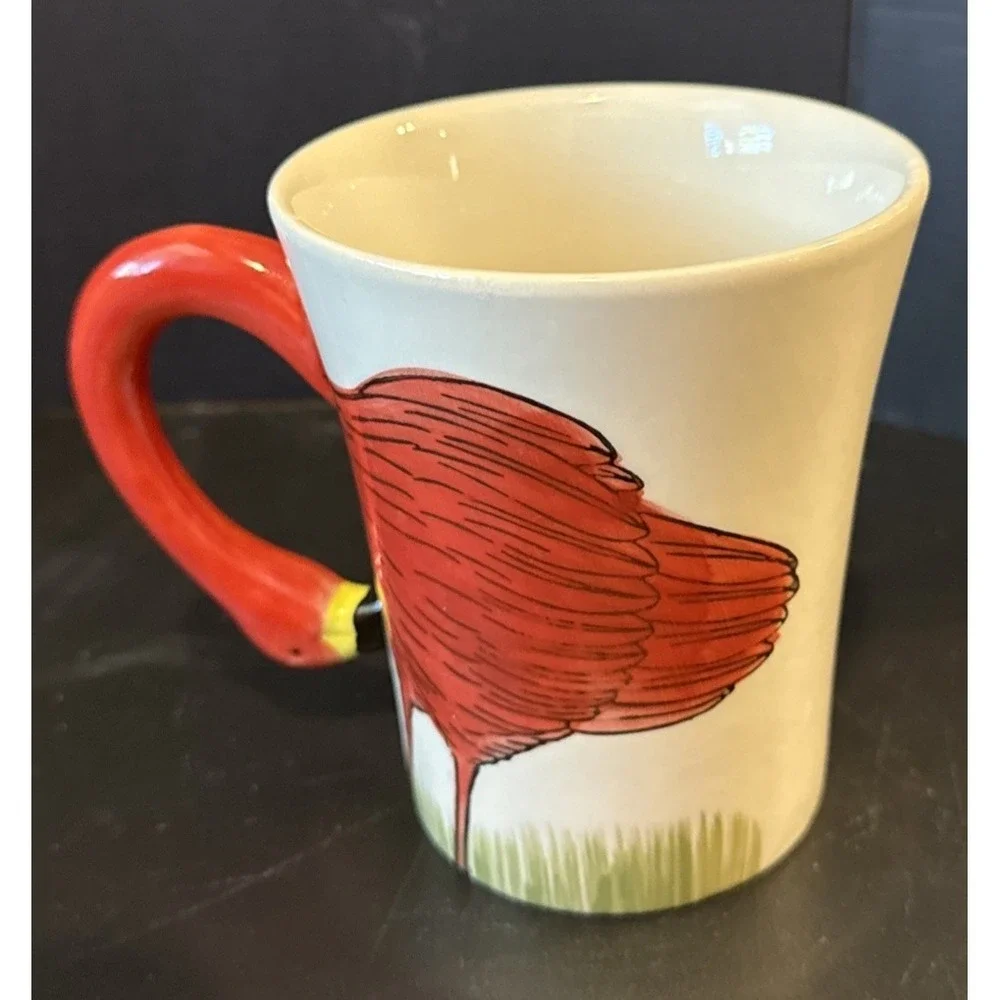 Pier 1 Pink Flamingo Handle Figural Coffee Mug Cup Stoneware 16 ounce